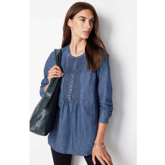 J.Jill Denim Tunic Top XL 100% Cotton Long Sleeve Pintuck Chambray Blouse - Picture 1 of 8